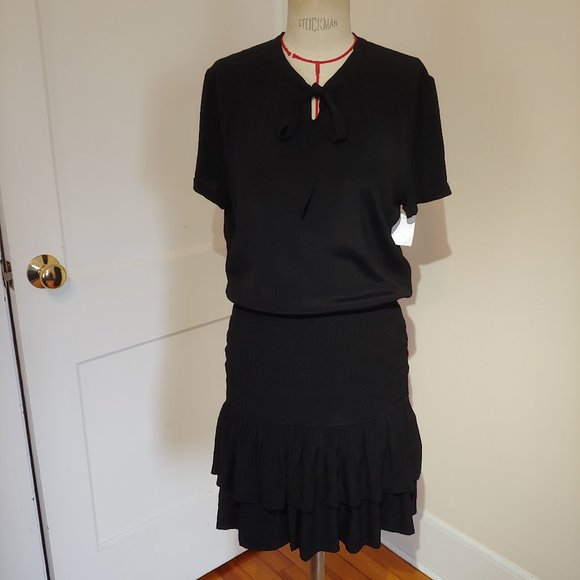 Maje Smocked Black Crepe Dress - Picture 2 of 9